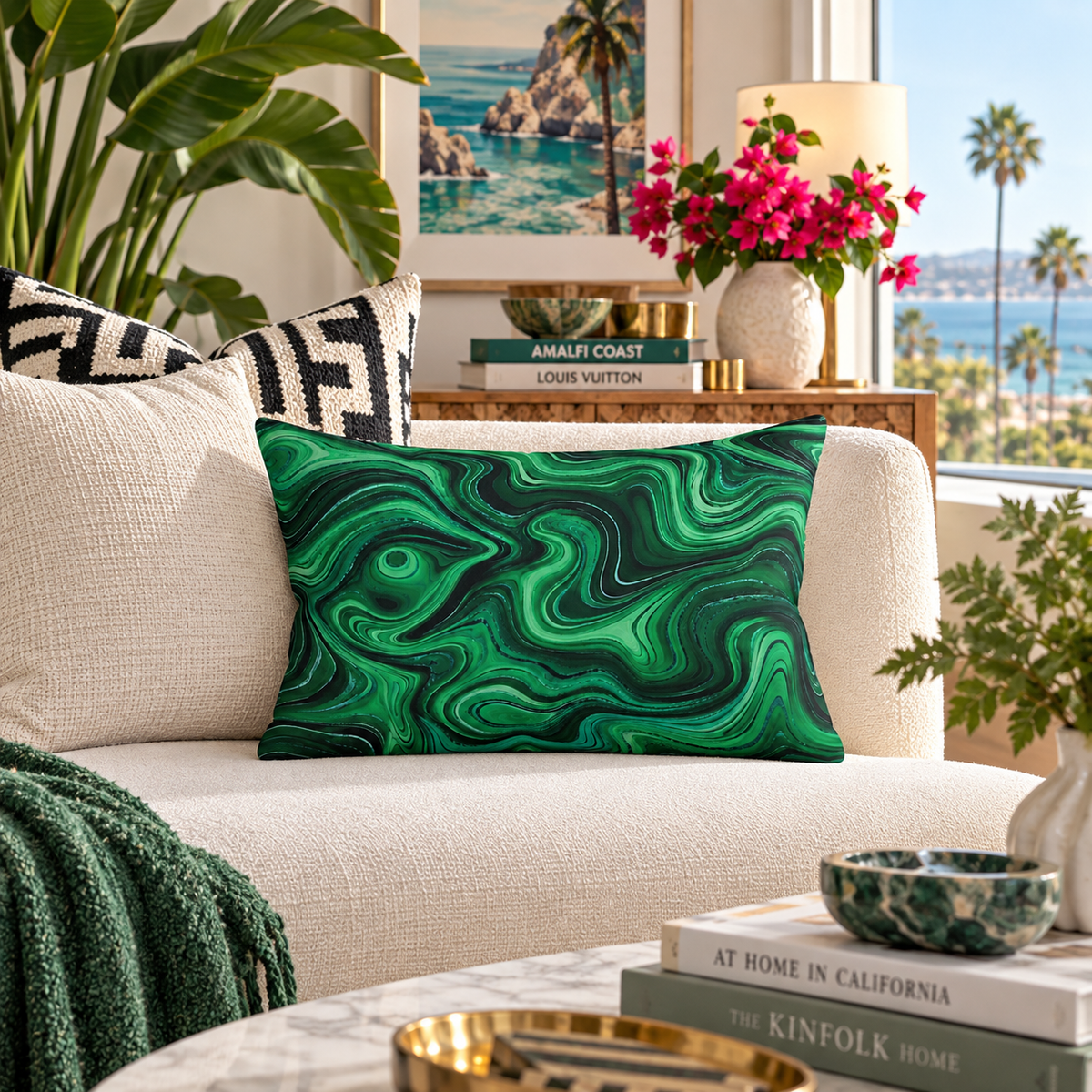Malachite Green Marble Swirl Lumbar Pillow | Abstract Agate Pattern | Rectangle Cushion, bright decor, insert included