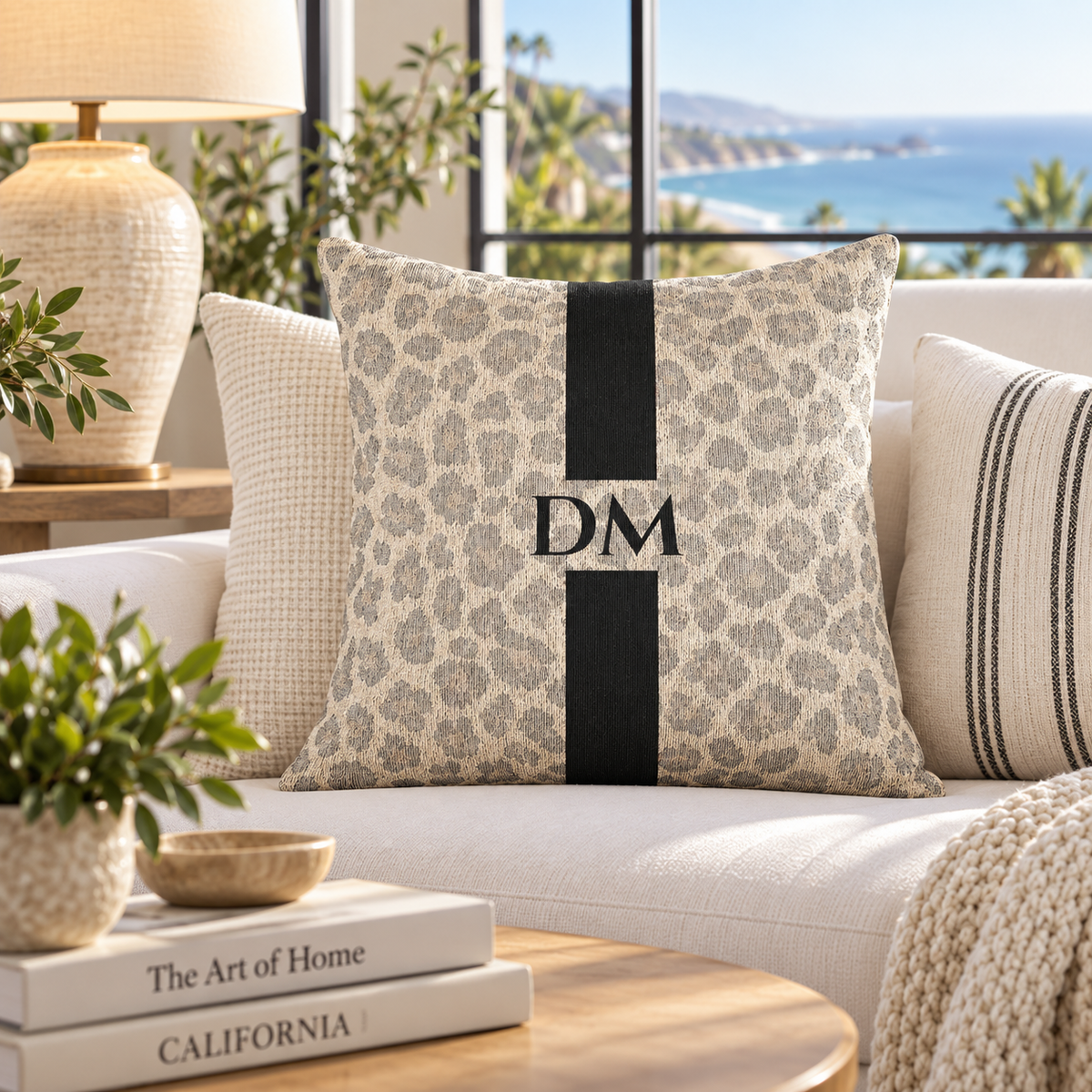 Monogram Stripe Leopard Woven Pillow | Personalized Initials, Neutral Decorative Cushion