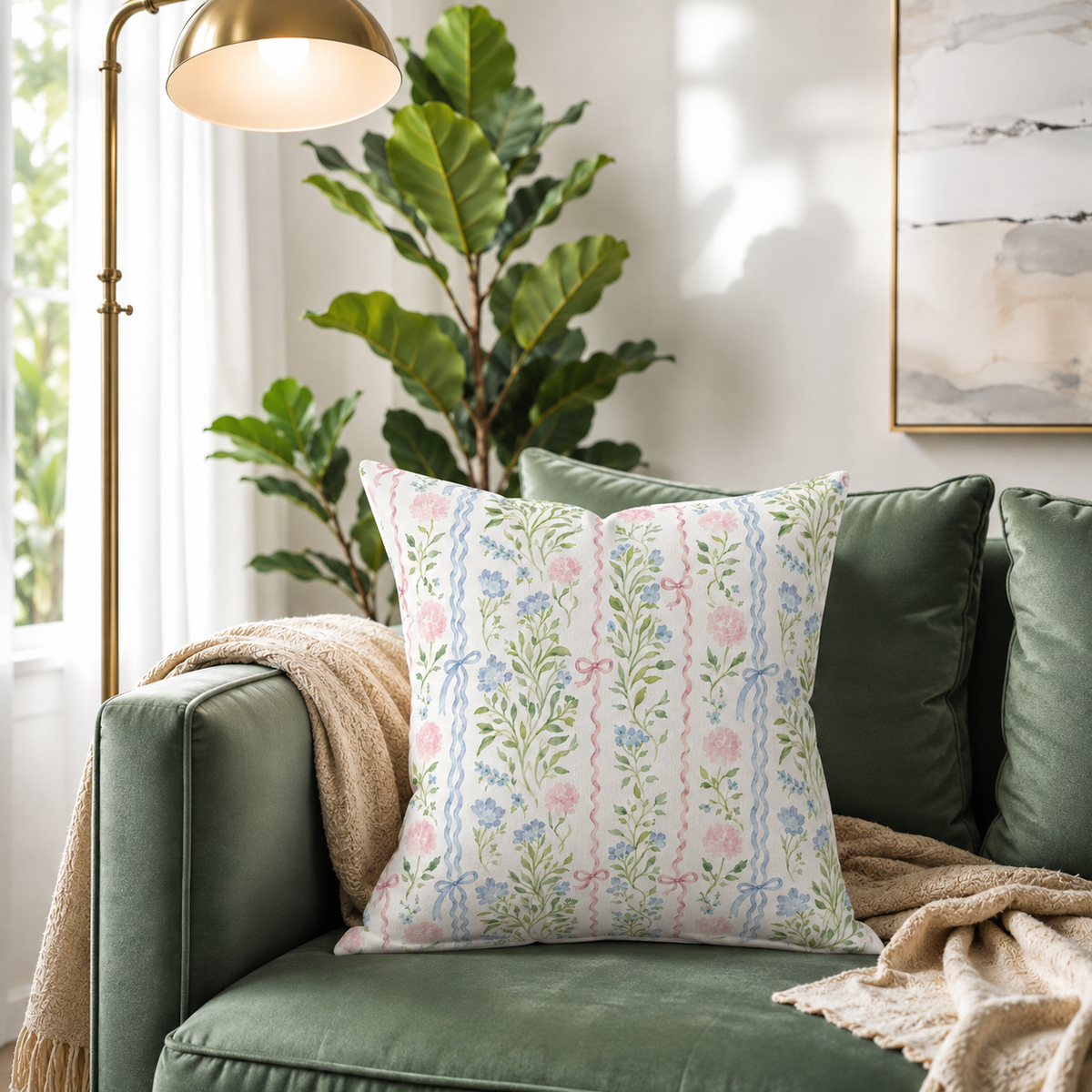 Floral Ribbon Stripe Pillow | Faux Suede Square Pillow
