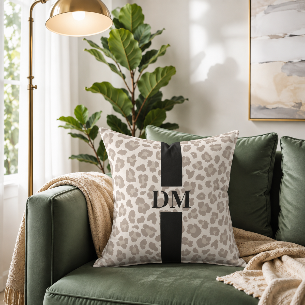 Matte Velveteen Leopard Monogram Pillow - Custom Gift, Blush Pink Personalized Cushion