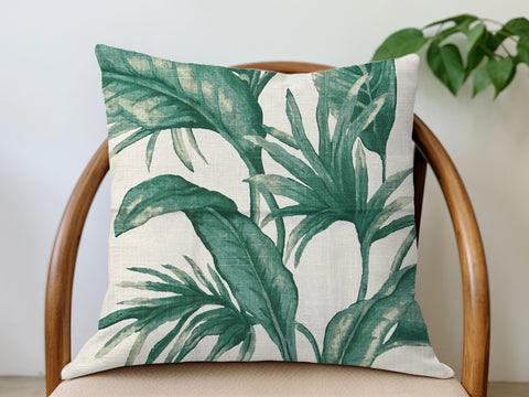 Linen Palm Pillow Cover - Green and Off White
