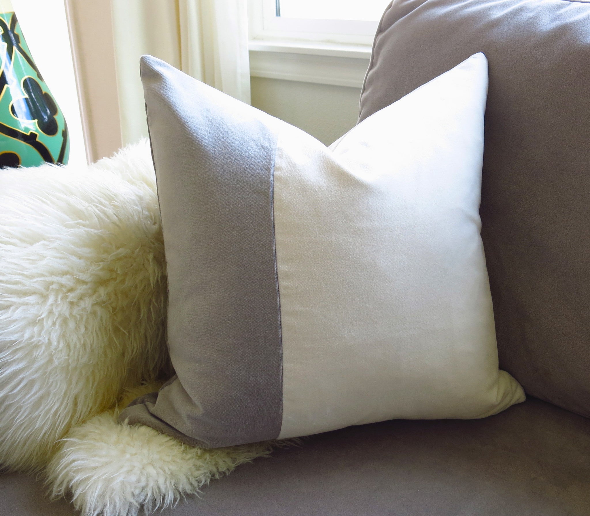 Classic Colorblock Velvet Pillow Cover - Gray & Ivory