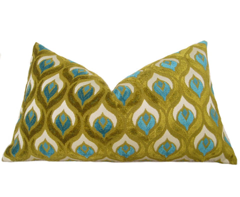 Peacock Cut Velvet Pillow Cover - Turquoise