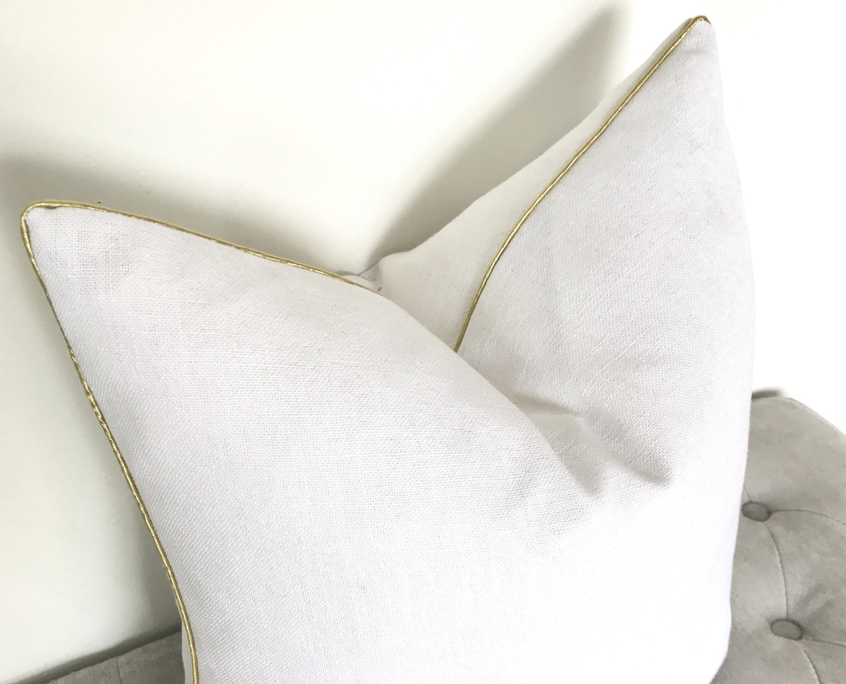 Gilded - White Linen Pillow Cover - Gold Piping